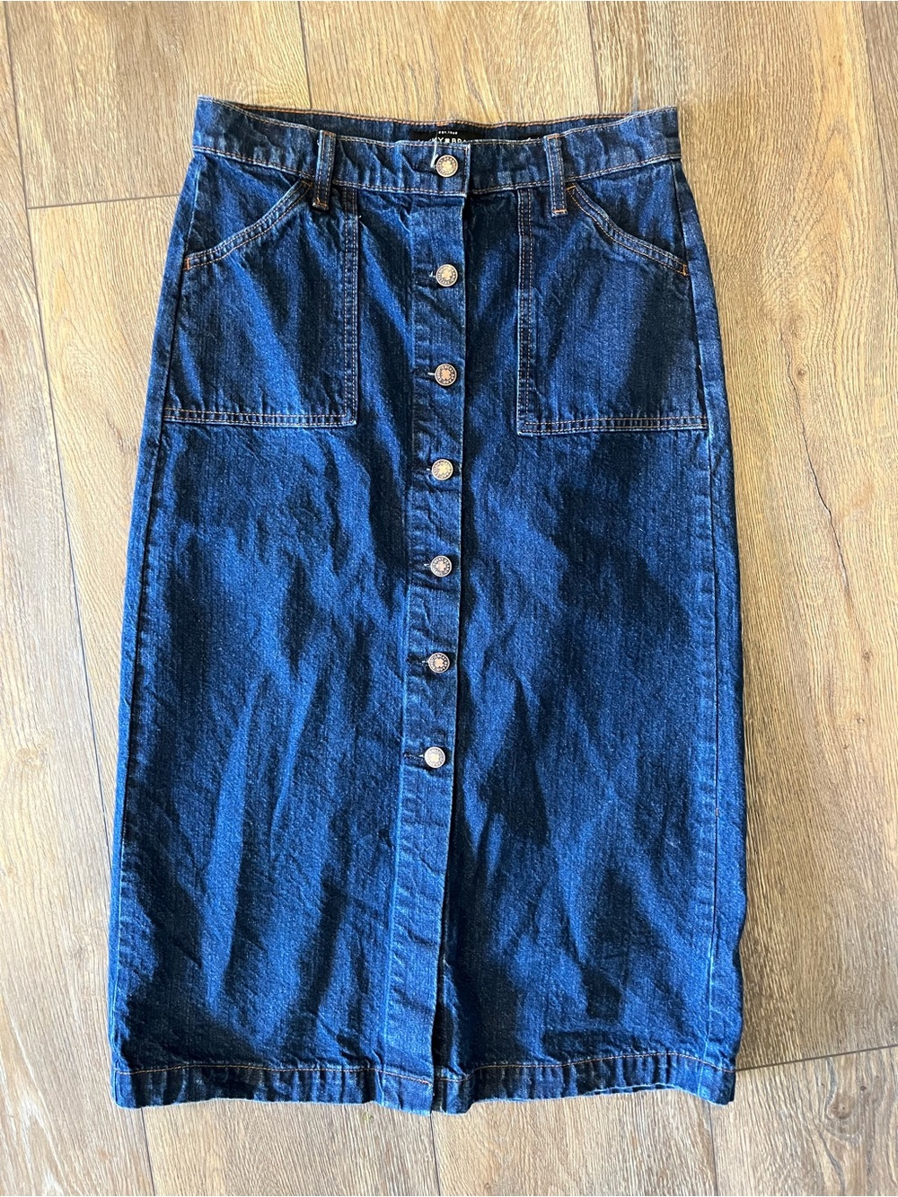 Lucky Brand High waisted midi denim skirt button down pockets Western Boho